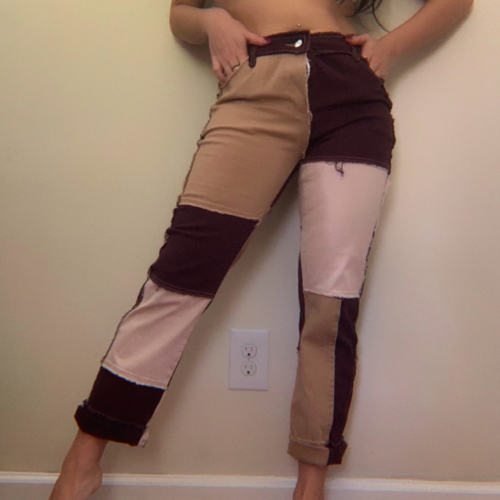 Patchwork brown and tan soft denim jeans
